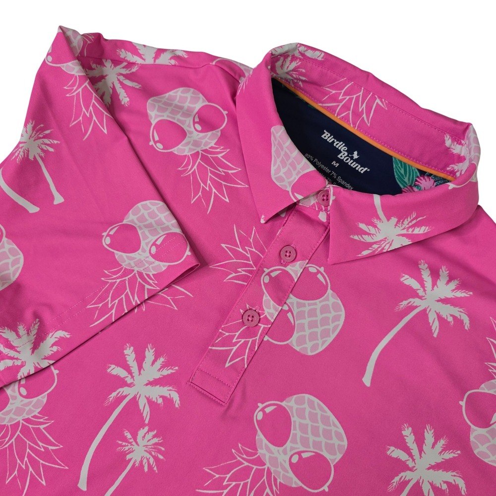 Birdie Bound Mens Pink Pineapple Palm Tree Tropical Golf Polo Shirt Size Medium